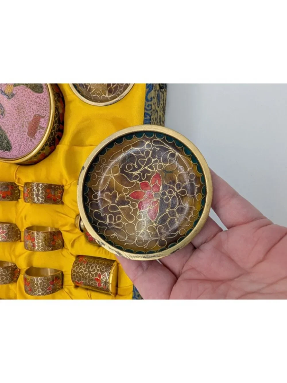 Chinese Cloisonné Enamel Table Set in the Original Decorative Box as is